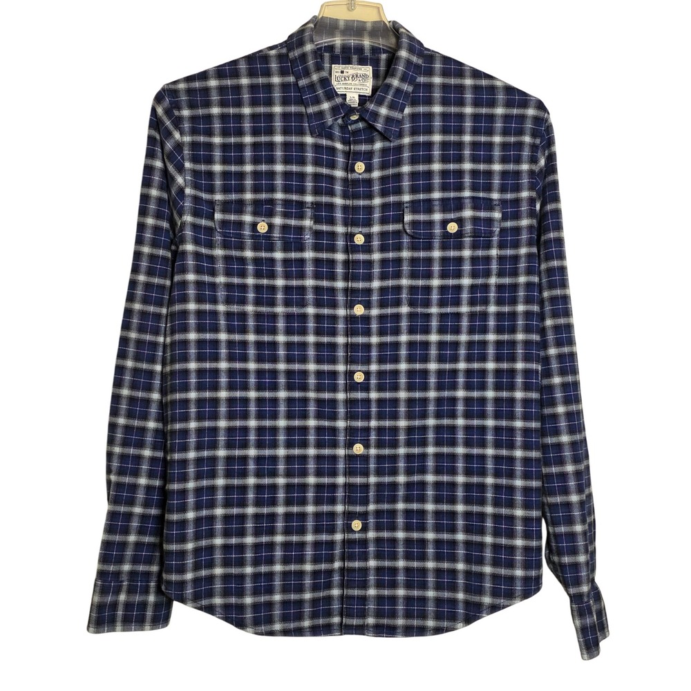 Lucky Brand Mens Large Saturday Stretch Flannel Shirt Long Sleeve Plaid Blue - Picture 1 of 5